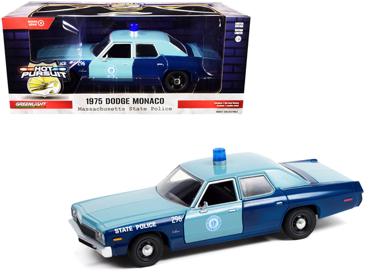 1975 Dodge Monaco Light Blue and Dark Blue "Massachusetts State Police" "Hot Pursuit" Series 1/24 Diecast Model Car by Greenlight