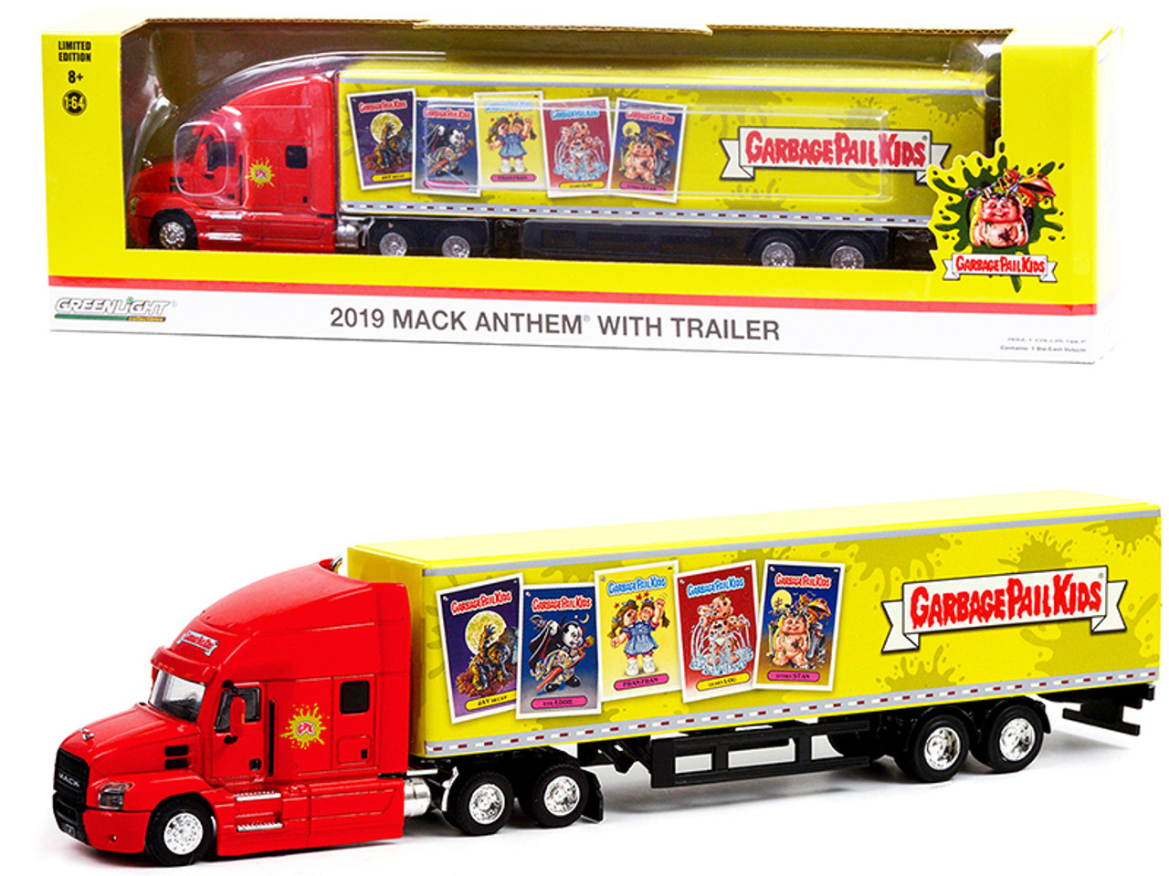 2019 Mack Anthem 18-Wheeler Tractor-Trailer Red and Yellow "Garbage Pail Kids" "Hobby Exclusive" 1/64 Diecast Model by Greenlight