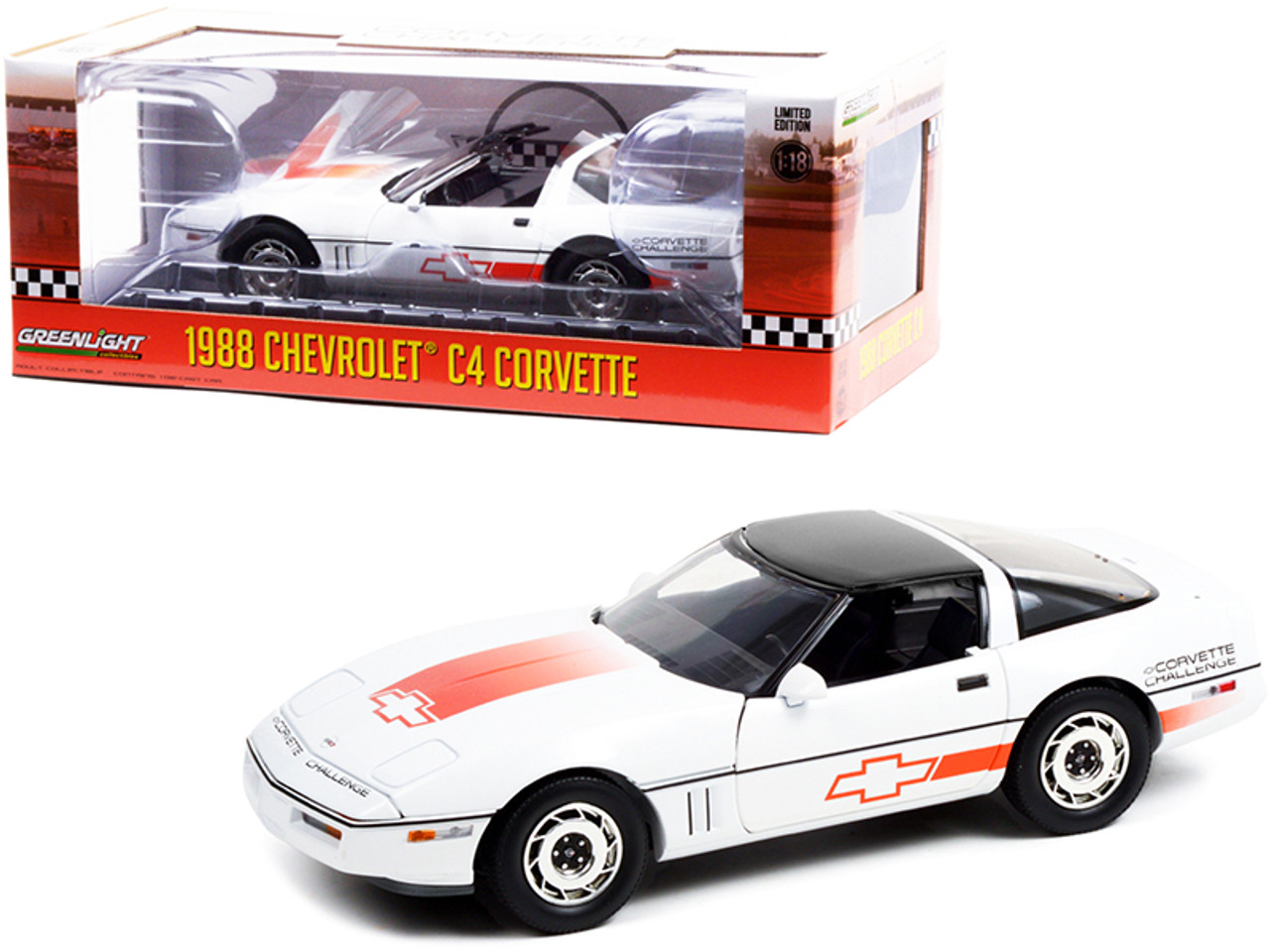 1988 Chevrolet Corvette C4 White with Black Top and Orange Stripes "Corvette Challenge Race Car" 1/18 Diecast Model Car by Greenlight