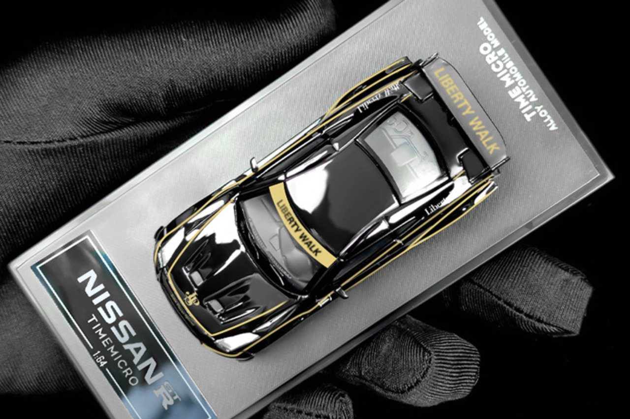 1/64 Time Micro Nissan GT-R GTR R35 3.0 LBWK (Black with Gold Accent) Deluxe Edition Car Model