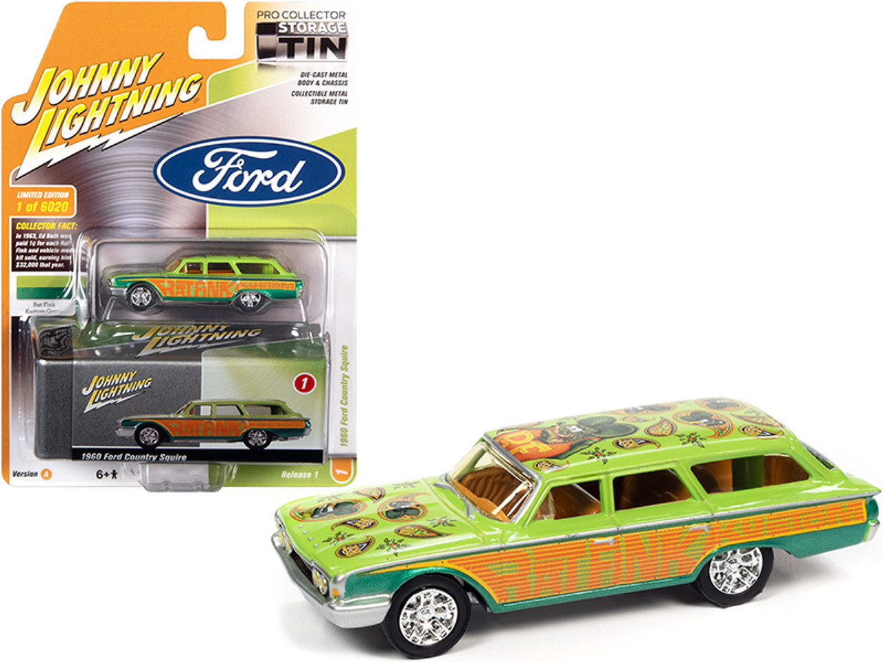 1960 Ford Country Squire "Rat Fink" Kustom Green and Orange with Graphics and Collector Tin Limited Edition to 6020 pieces Worldwide 1/64 Diecast Model Car by Johnny Lightning