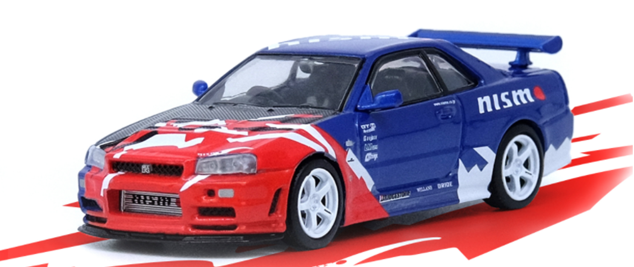 Nissan Skyline GT-R (R34) Nismo R-Tune Concept RHD (Right Hand Drive) Blue Metallic with Carbon Hood with Red and White Graphics "Tokyo Auto Salon 2000" 1/64 Diecast Model Car by Inno Models