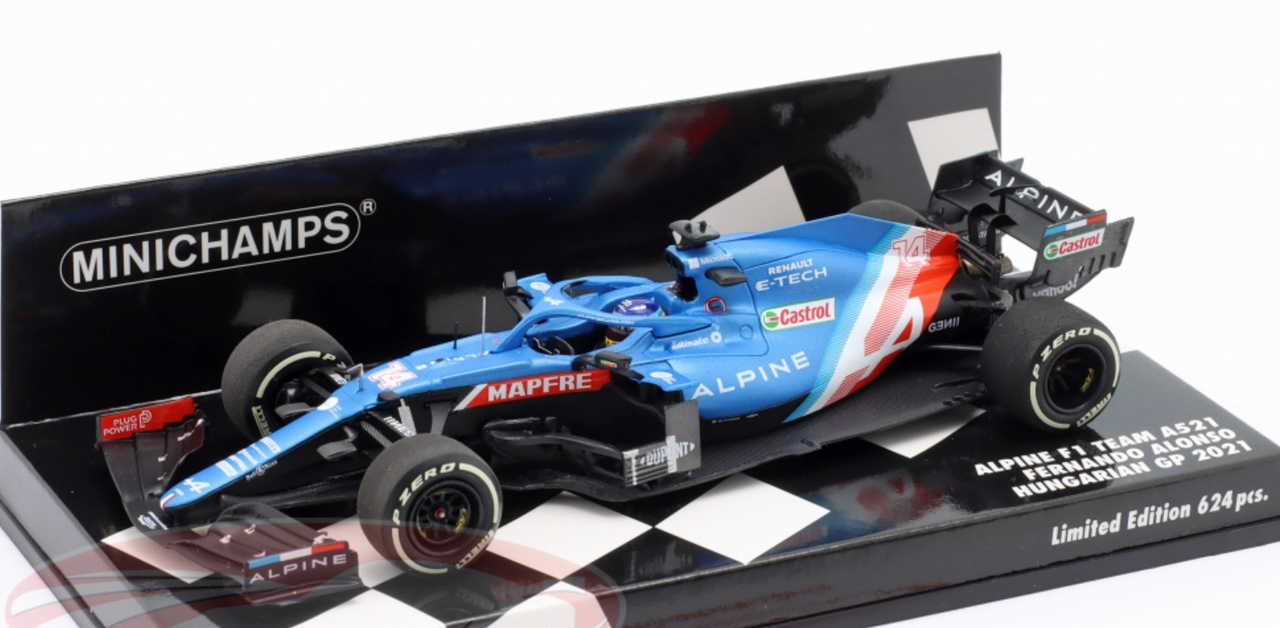 1/43 Minichamps 2021 Formula 1 Fernando Alonso Alpine A521 #14 4th Hungarian GP Car Model