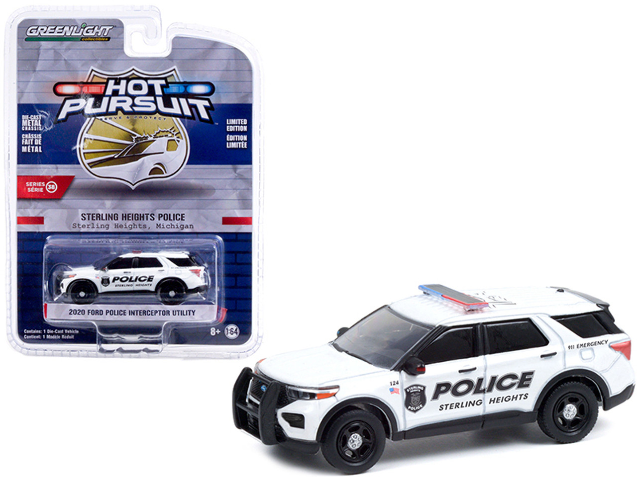 2020 Ford Police Interceptor Utility White "Sterling Heights Police" (Michigan) "Hot Pursuit" Series 38 1/64 Diecast Model Car by Greenlight