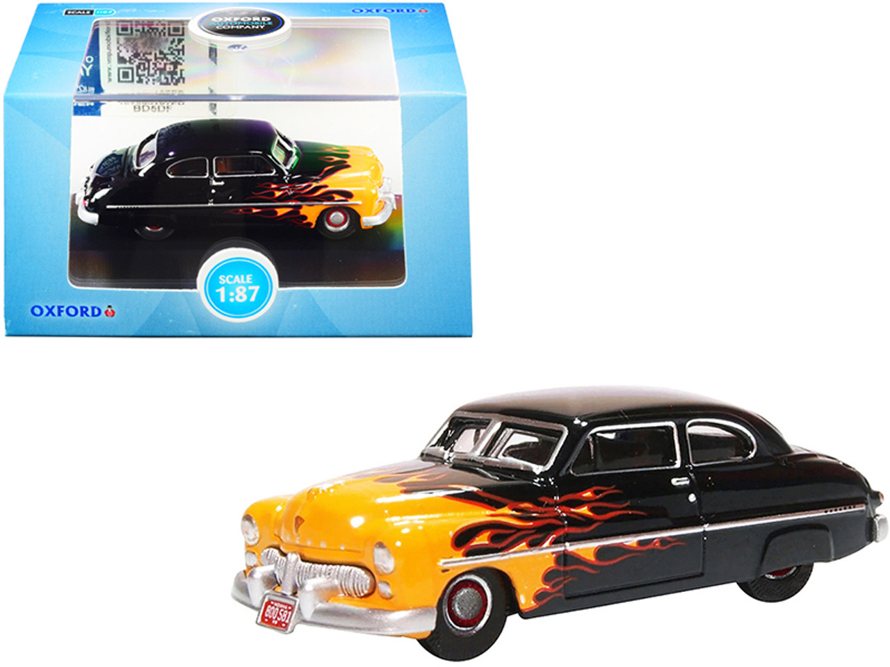 1949 Mercury Coupe "Hot Rod" Black and Yellow with Flames 1/87 (HO) Scale Diecast Model Car by Oxford Diecast