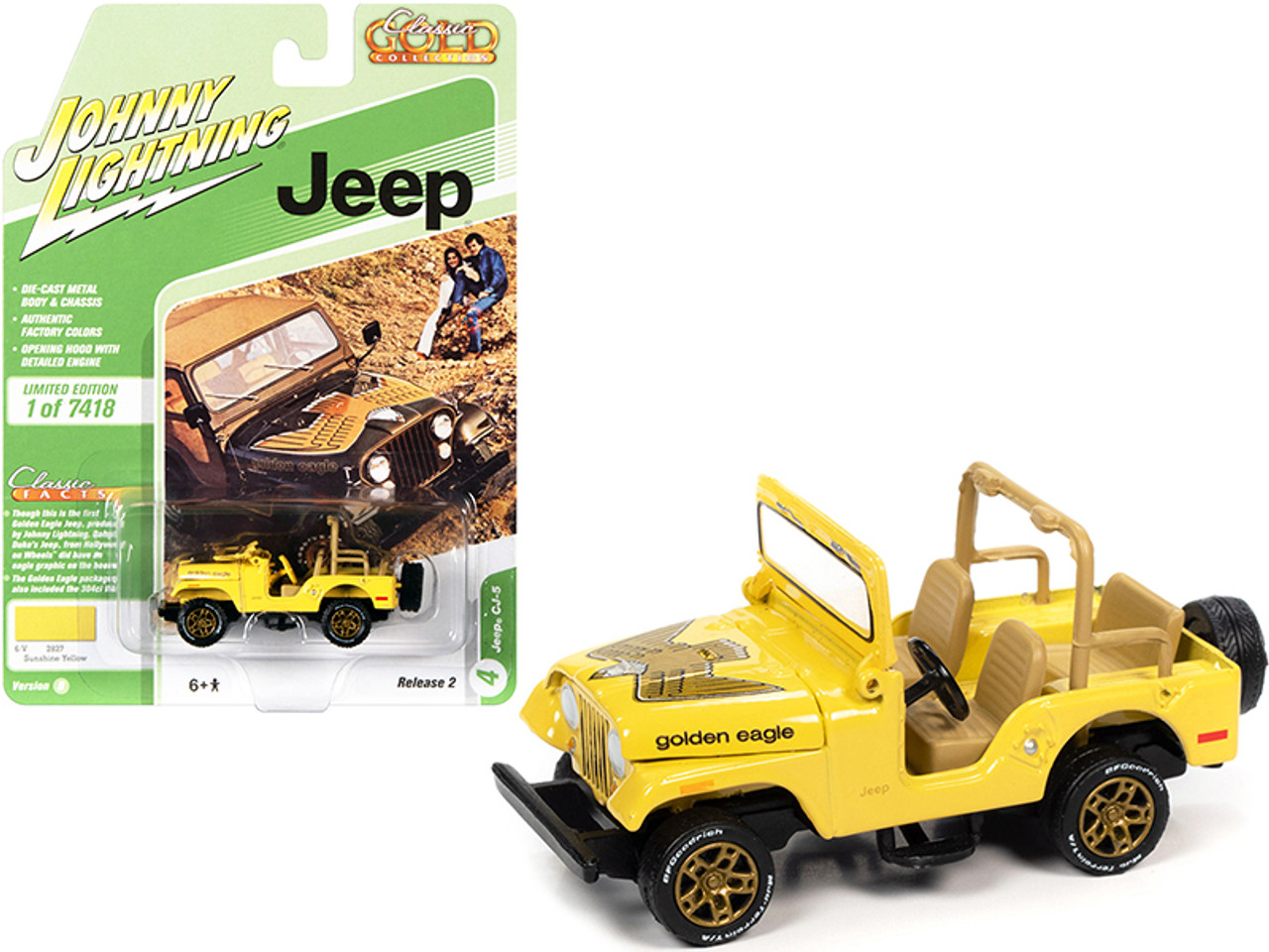 Jeep CJ-5 Sunshine Yellow with Golden Eagle Graphics "Classic Gold Collection" Limited Edition to 7418 pieces Worldwide 1/64 Diecast Model Car by Johnny Lightning