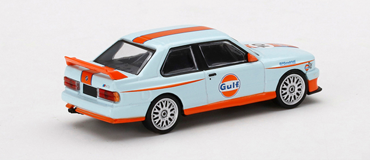 BMW M3 E30 #10 "Gulf Oil" Light Blue with Orange Stripes 1/64 Diecast Model Car by True Scale Miniatures