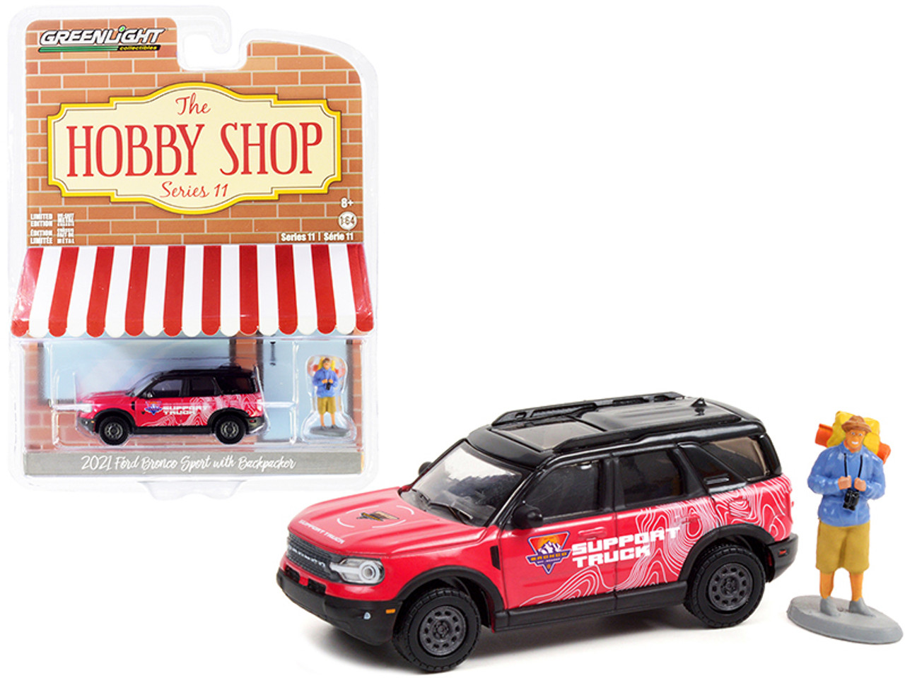 2021 Ford Bronco Sport Pink and Black "Off-Roadeo Adventure Support Truck" with Backpacker Figurine "The Hobby Shop" Series 11 1/64 Diecast Model Car by Greenlight
