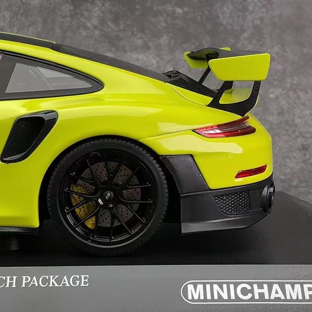 2018 Porsche 911 GT2RS (991.2) Weissach Package Bright Green with Carbon Stripes and Black Magnesium Wheels Limited Edition to 330 pieces Worldwide 1/18 Diecast Model Car by Minichamps