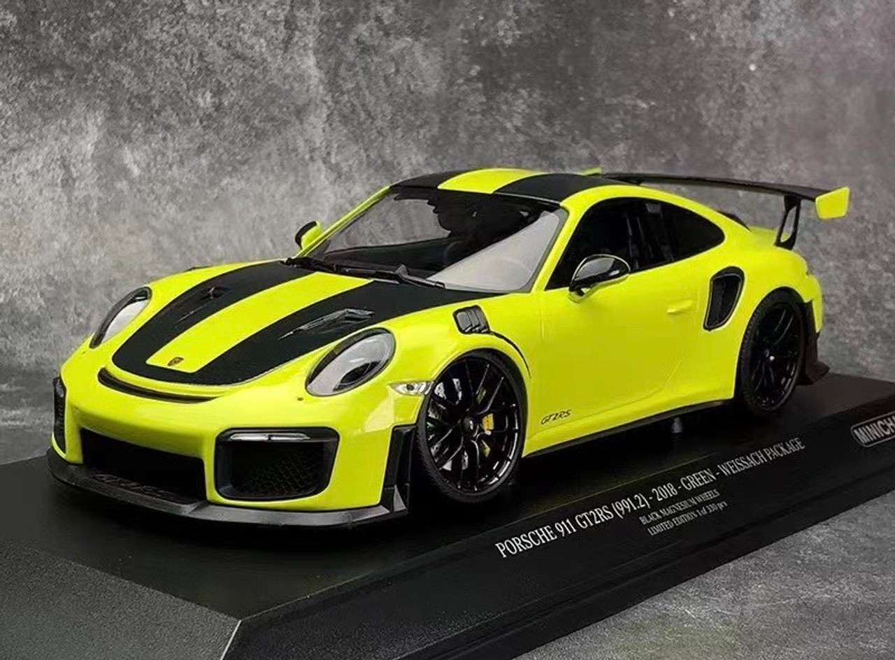 2018 Porsche 911 GT2RS (991.2) Weissach Package Bright Green with Carbon Stripes and Black Magnesium Wheels Limited Edition to 330 pieces Worldwide 1/18 Diecast Model Car by Minichamps