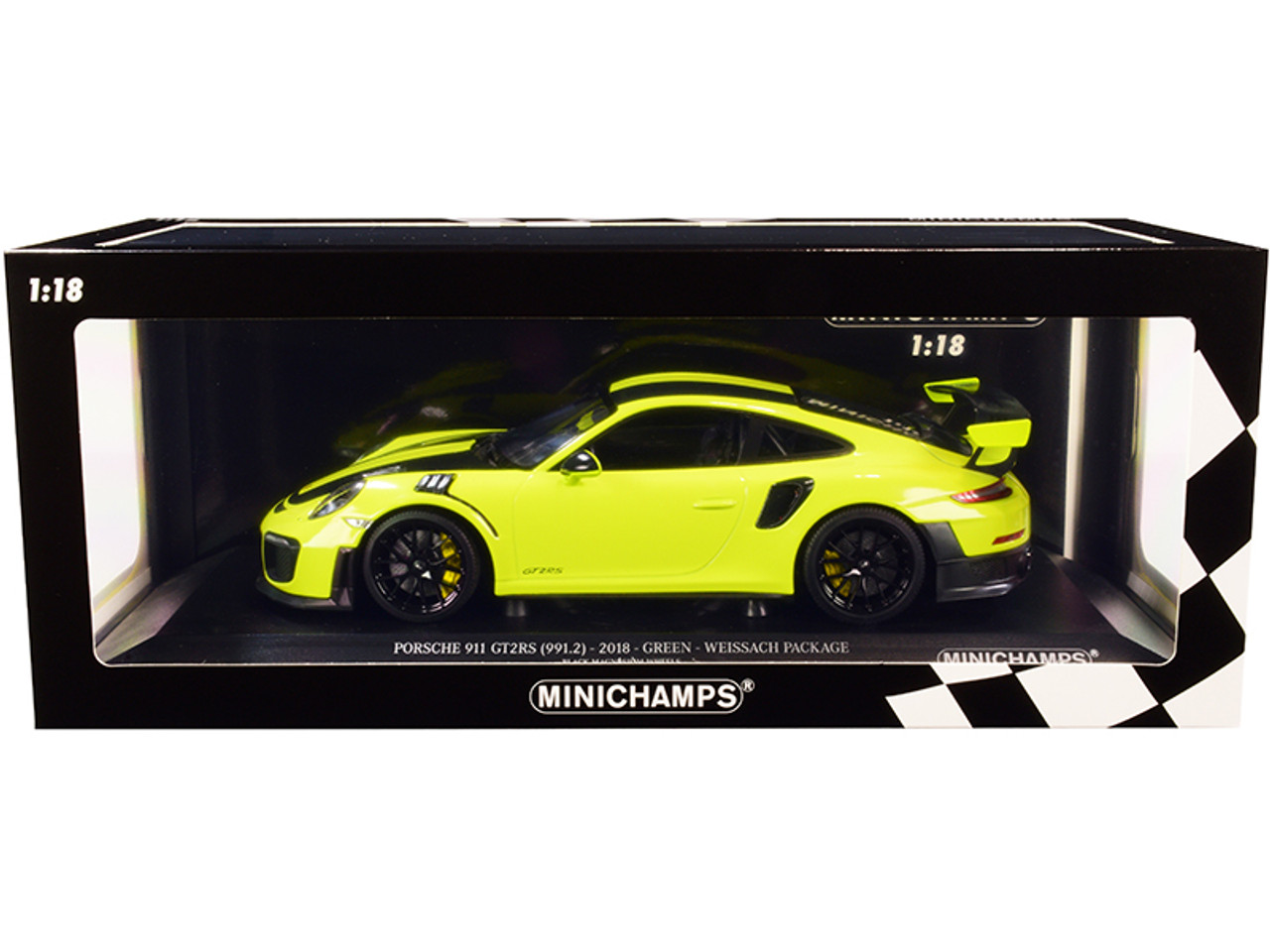 2018 Porsche 911 GT2RS (991.2) Weissach Package Bright Green with Carbon Stripes and Black Magnesium Wheels Limited Edition to 330 pieces Worldwide 1/18 Diecast Model Car by Minichamps