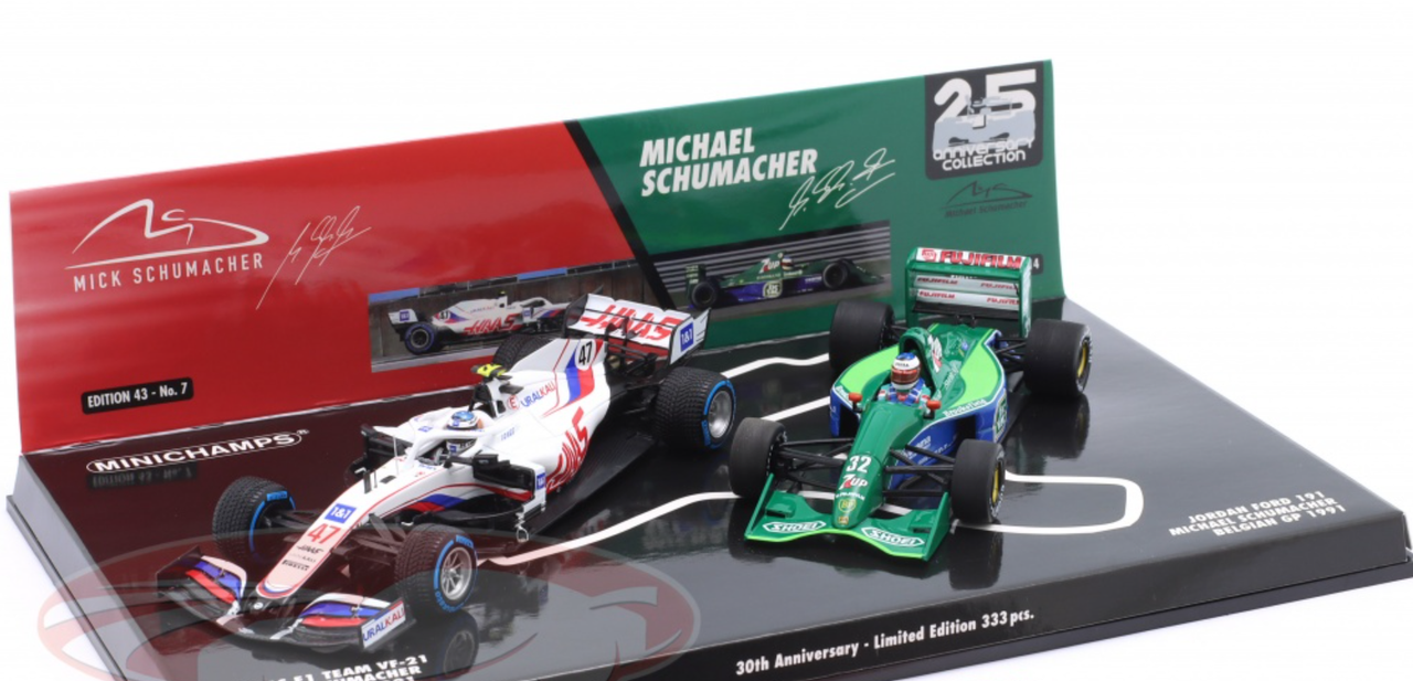 1/43 Minichamps 2-Car Set 30th Anniversary Belgium GP 1991 Formula 1 Schumacher & 2021 Formula 1 Mick Schumacher Car Models