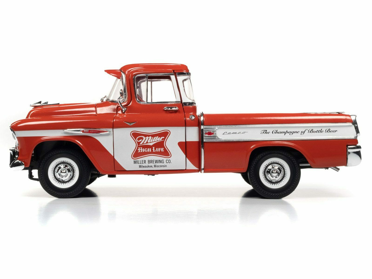 1/18 Auto World 1957 Chevrolet Chevy Cameo Miller Brewing Co (Red) Diecast Car Model