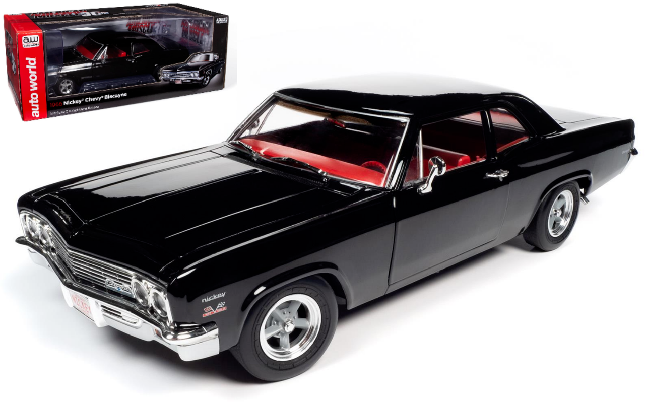 1/18 Auto World 1966 Chevrolet Chevy Biscayne 2-Door Coupe Nickey (Black) - American Muscle 30th Anniversary Diecast Car Model