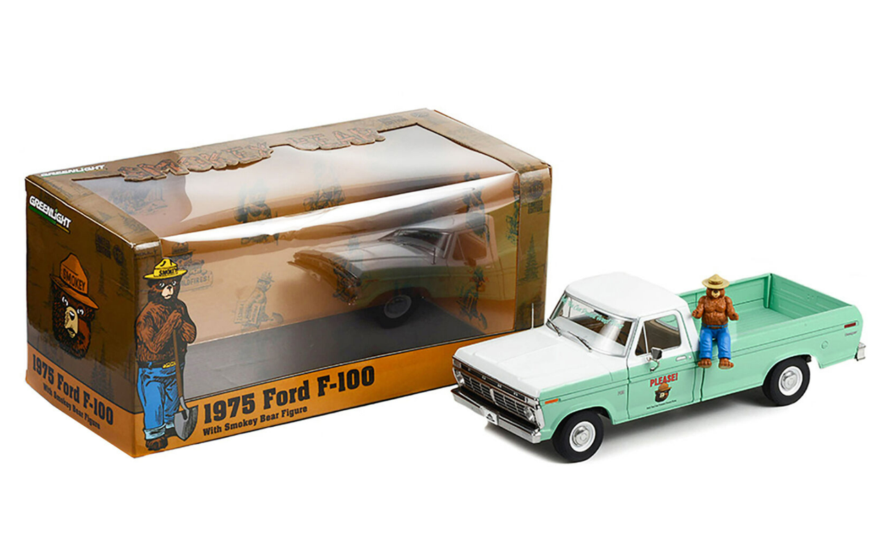 1/18 Greenlight 1975 Ford F-100 Pickup Truck Forest Service Green and White with Smokey Bear Figure "Only You Can Prevent Forest Fires" Diecast Car Model