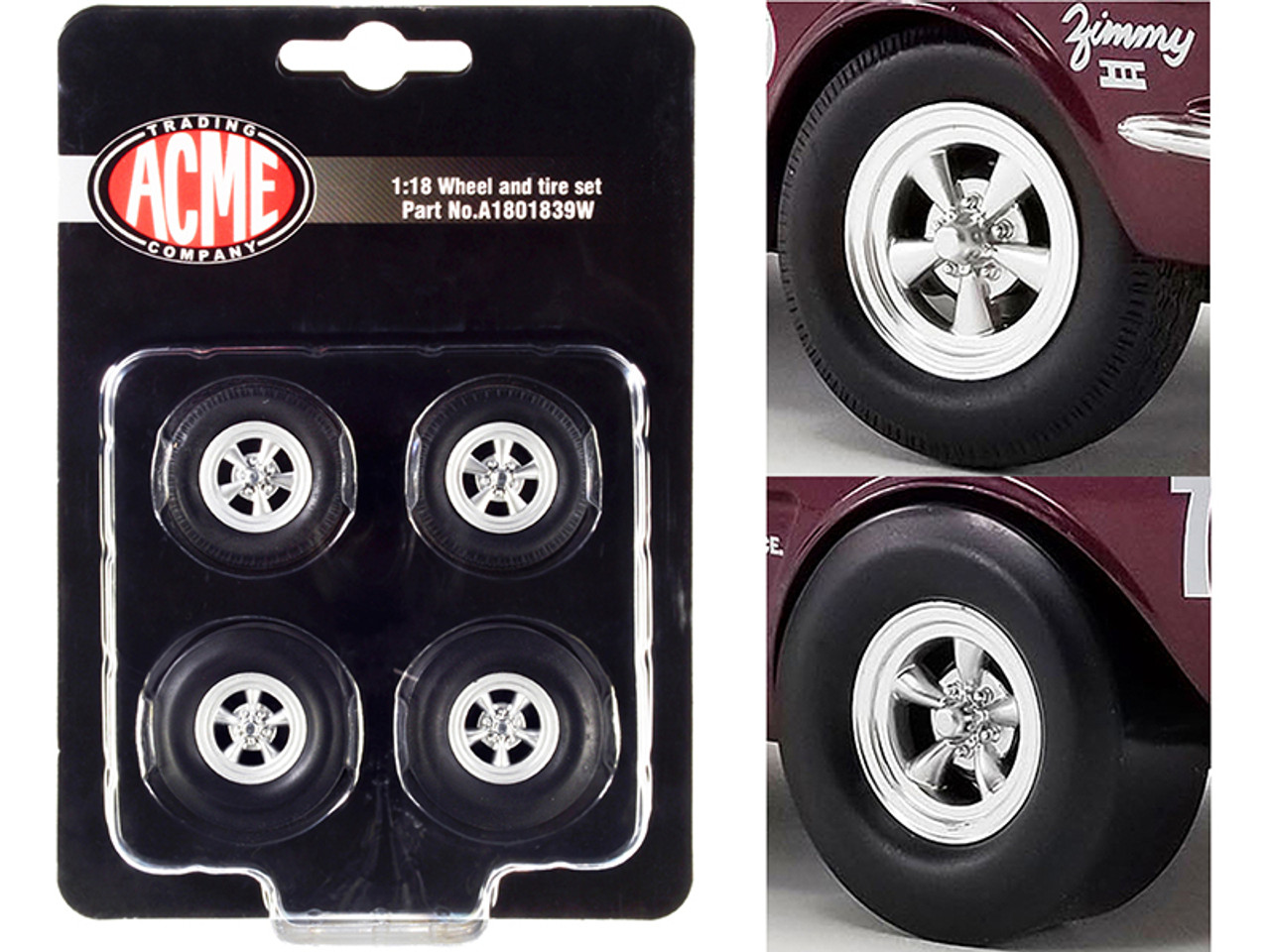 A/FX Drag Wheel and Tire Set of 4 pieces from "1965 Ford Mustang A/FX Bill Lawton "Tasca Ford" 1/18 by ACME