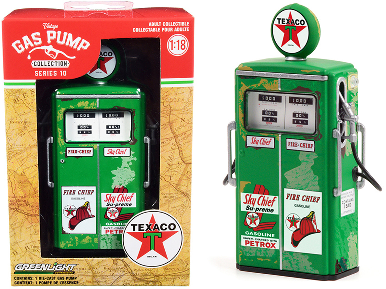 1954 Tokheim 350 Twin Gas Pump "Texaco Fire Chief - Sky Chief Supreme" Green (Unrestored) "Vintage Gas Pumps" Series 10 1/18 Diecast Model by Greenlight