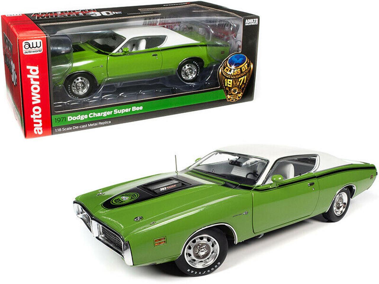 1/18 Auto world 1971 Dodge Charger Super Bee (FJ6 Green Go) Diecast Car Model