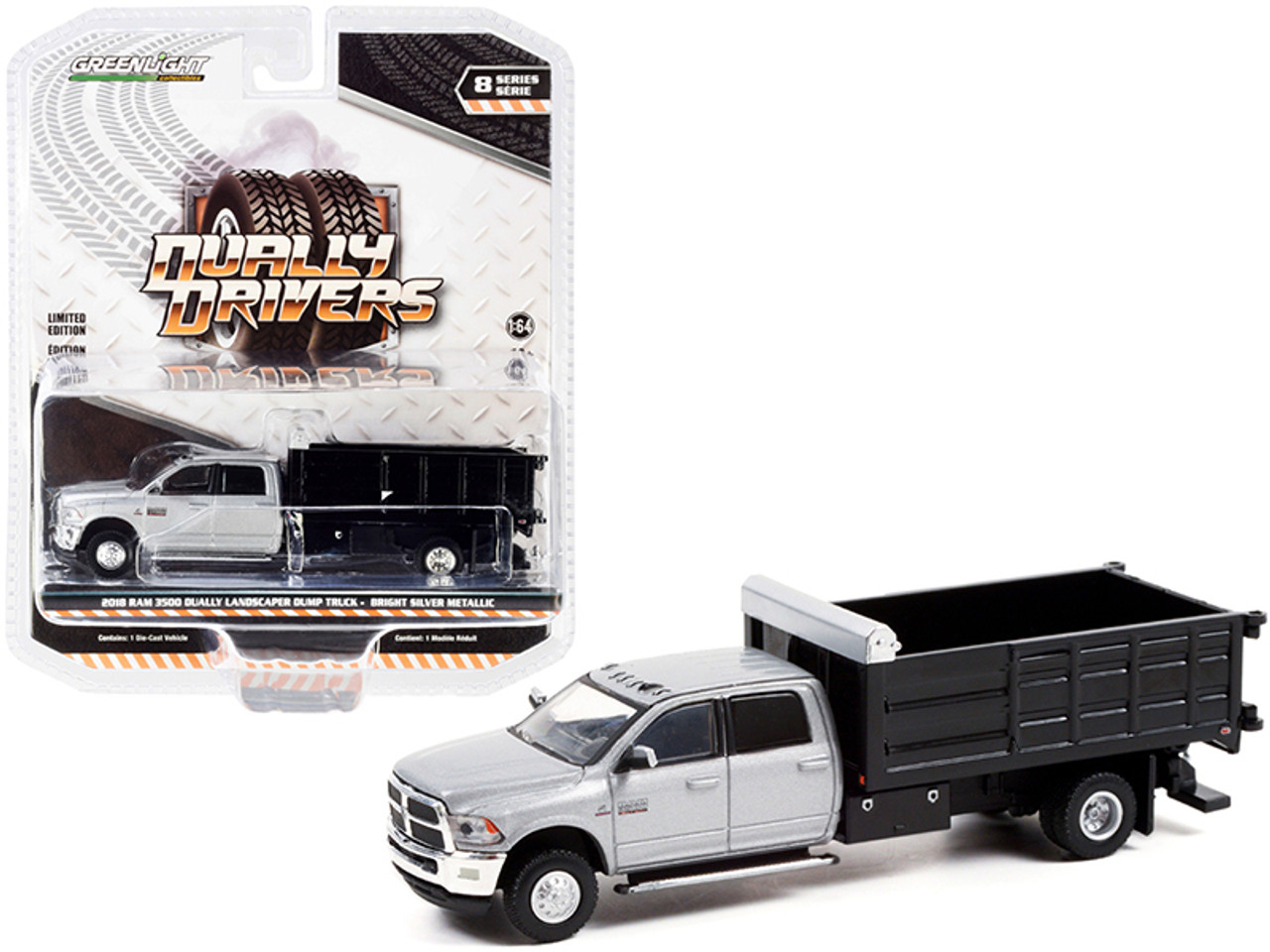 2018 Dodge Ram 3500 Dually Landscaper Dump Truck Bright Silver Metallic and Black "Dually Drivers" Series 8 1/64 Diecast Model Car by Greenlight