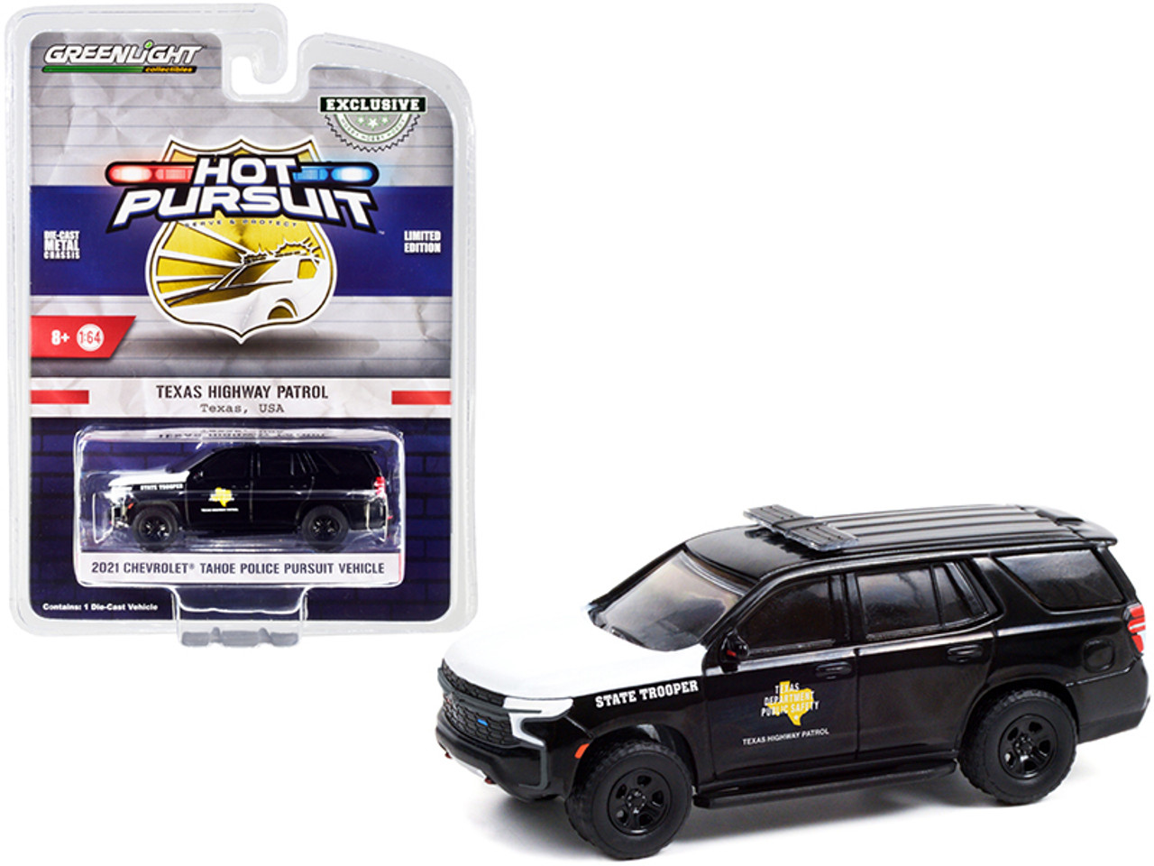 2021 Chevrolet Tahoe Police Pursuit Vehicle Black with White Hood "Texas Highway Patrol" "Hot Pursuit" Series 1/64 Diecast Model Car by Greenlight