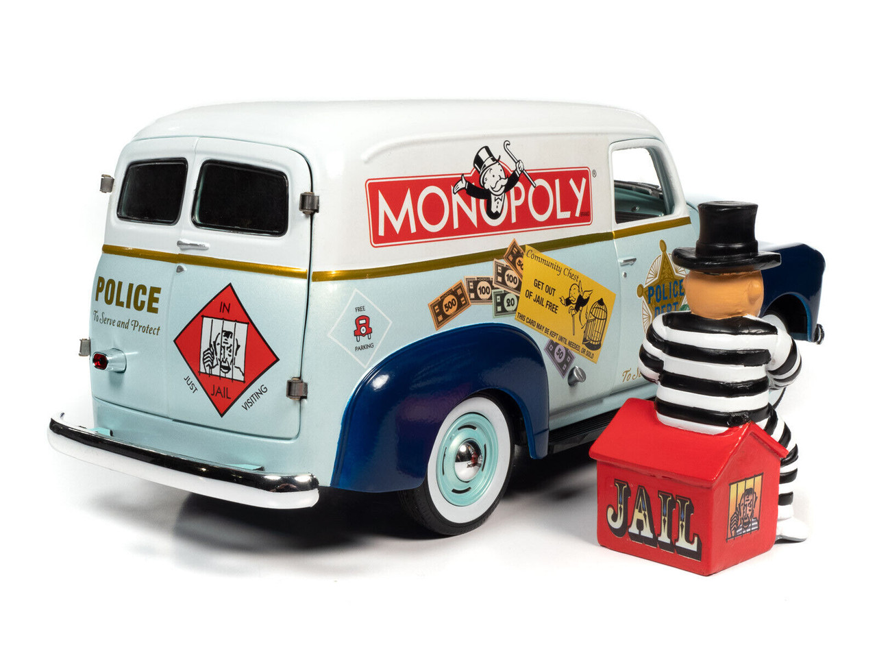 1/18 Auto World 1948 Chevrolet Panel Police Van with Mr. Monopoly Figurine "Monopoly" Diecast Car Model