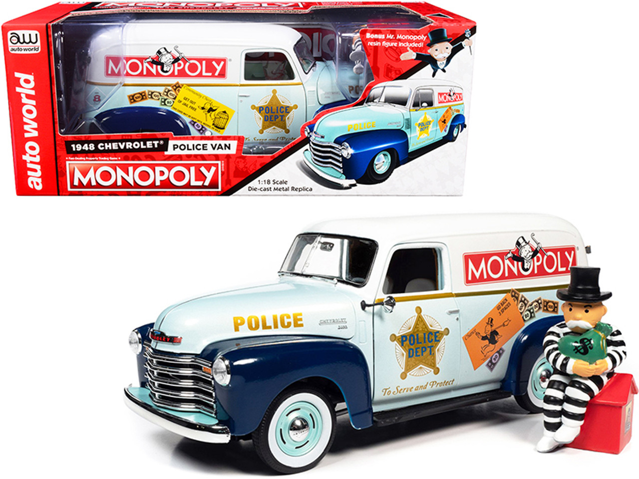 1/18 Auto World 1948 Chevrolet Panel Police Van with Mr. Monopoly Figurine "Monopoly" Diecast Car Model