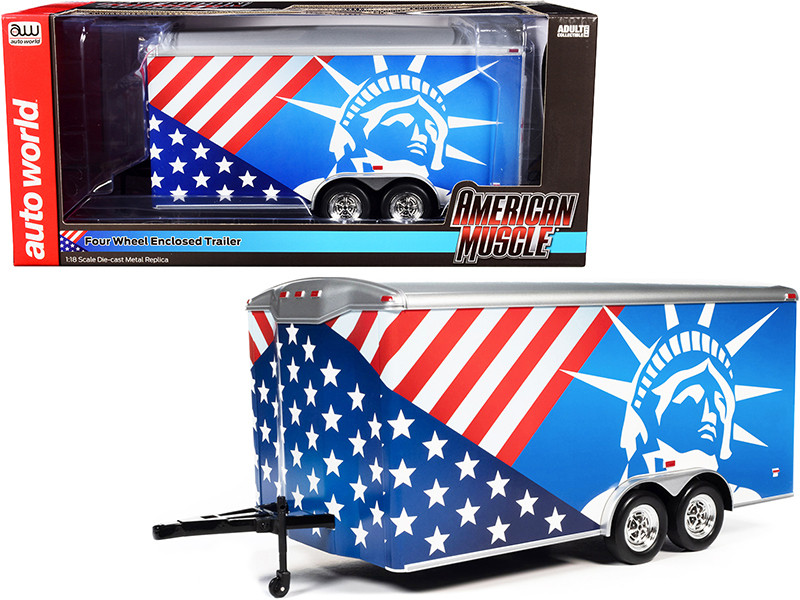 Four Wheel Enclosed Car Trailer Patriotic with Graphics for 1/18 Four Wheel Enclosed Car Trailer Patriotic with Graphics for 1/18