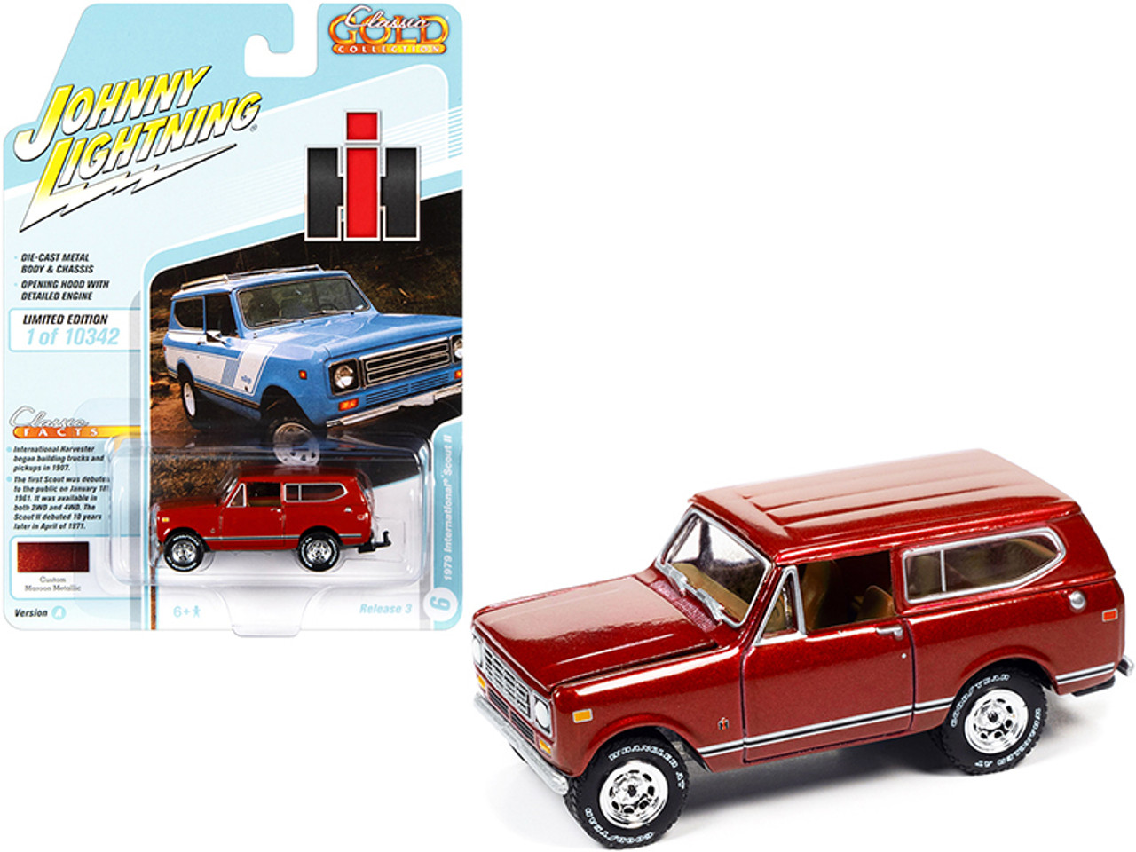 1979 International Scout II Custom Maroon Metallic with Side Stripes "Classic Gold Collection" Series Limited Edition to 10342 pieces Worldwide 1/64 Diecast Model Car by Johnny Lightning