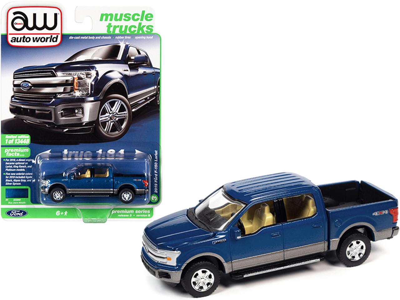 2019 Ford F-150 Lariat 4x4 Pickup Truck Blue Jeans Metallic and Magnetic Gray "Muscle Trucks" Limited Edition to 13448 pieces Worldwide 1/64 Diecast Model Car by Autoworld