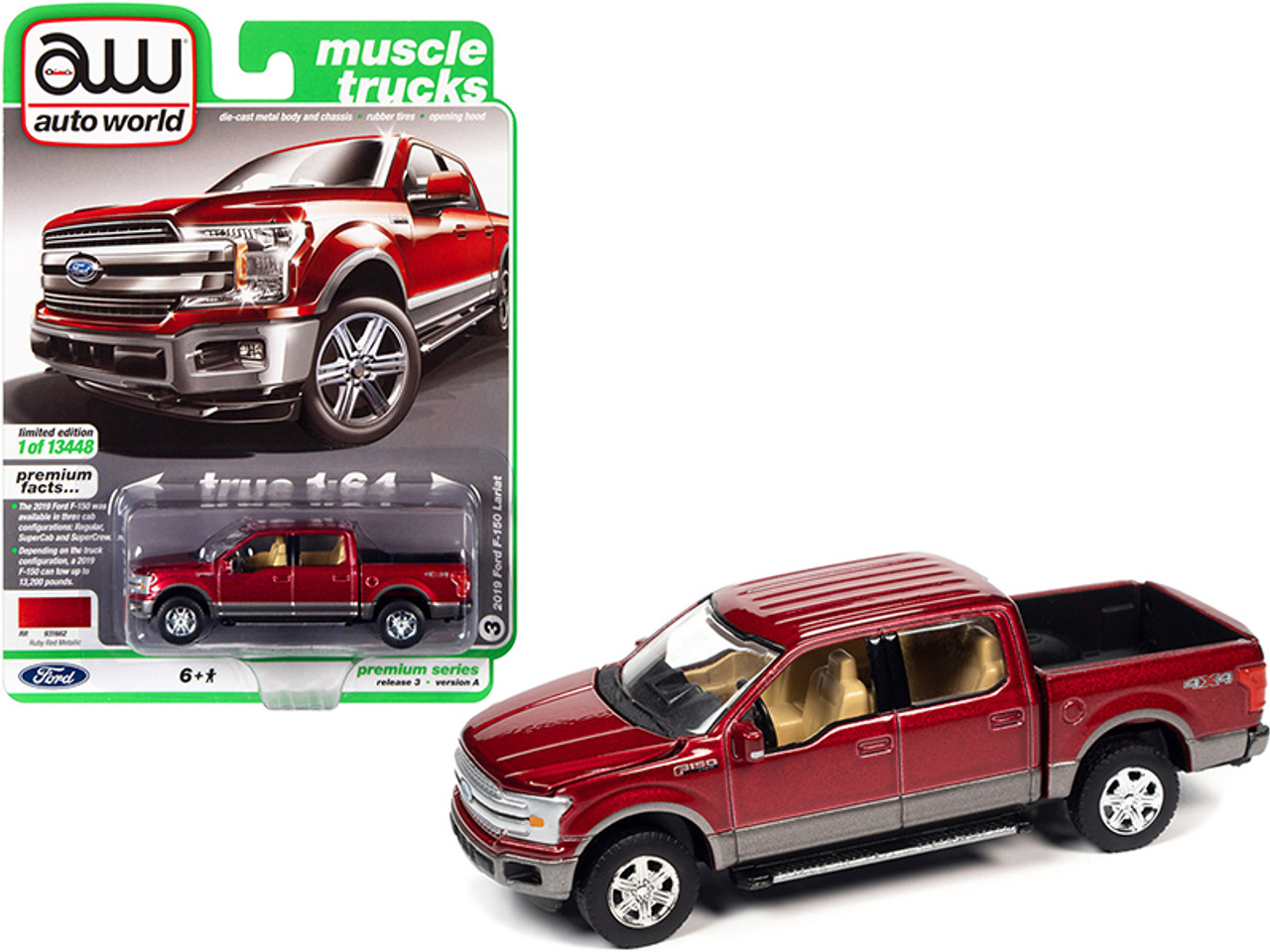 2019 Ford F-150 Lariat 4x4 Pickup Truck Ruby Red Metallic and Magnetic Gray "Muscle Trucks" Limited Edition to 13448 pieces Worldwide 1/64 Diecast Model Car by Autoworld