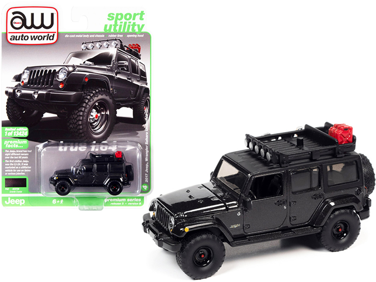 2017 Jeep Wrangler Sahara Unlimited with Roof Rack and Off-Road Wheels Granite Crystal Black "Sport Utility" Limited Edition to 13424 pieces Worldwide 1/64 Diecast Model Car by Autoworld