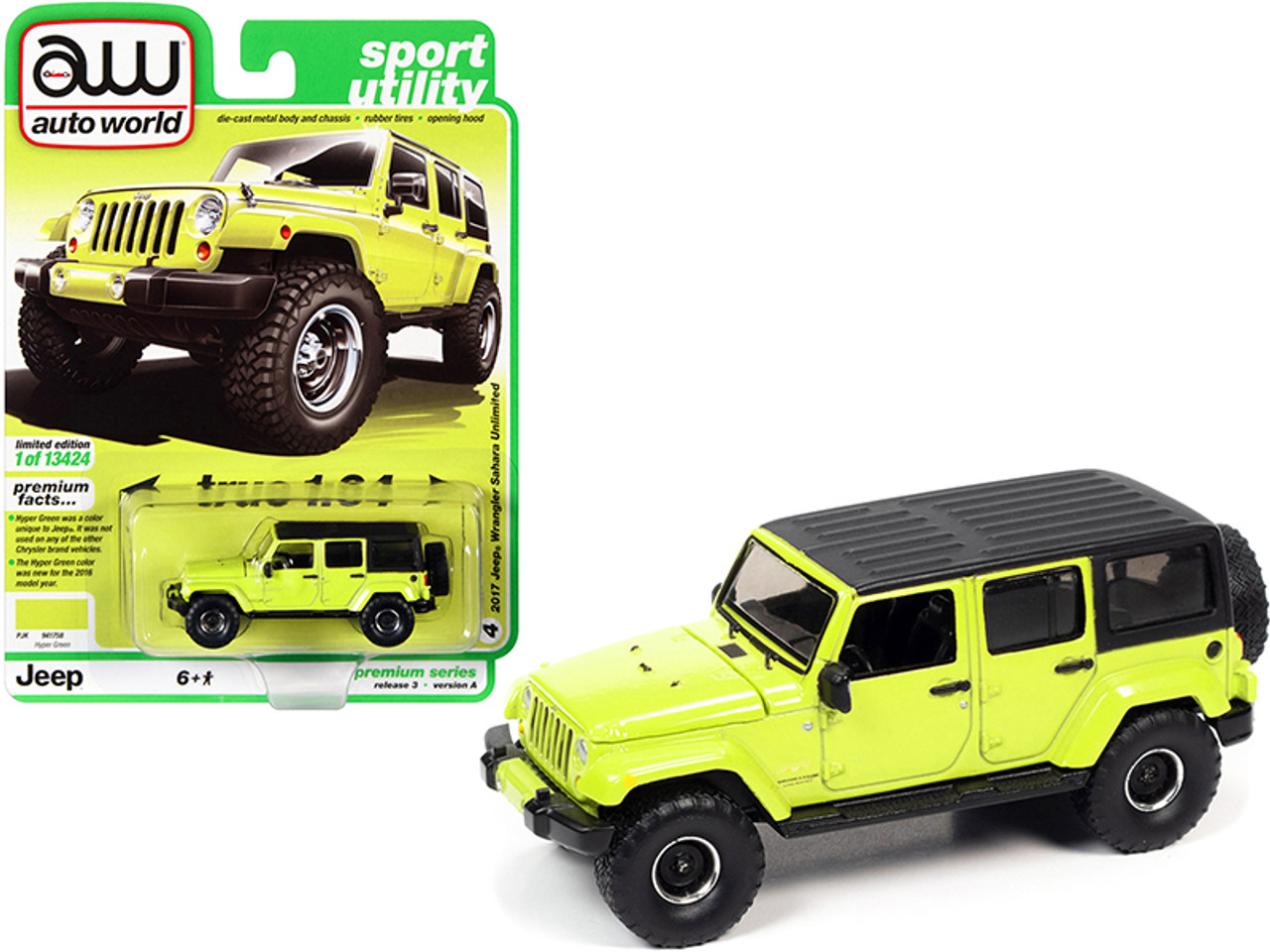2017 Jeep Wrangler Sahara Unlimited with Off-Road Wheels Hyper Green with Matt Black Top "Sport Utility" Limited Edition to 13424 pieces Worldwide 1/64 Diecast Model Car by Autoworld