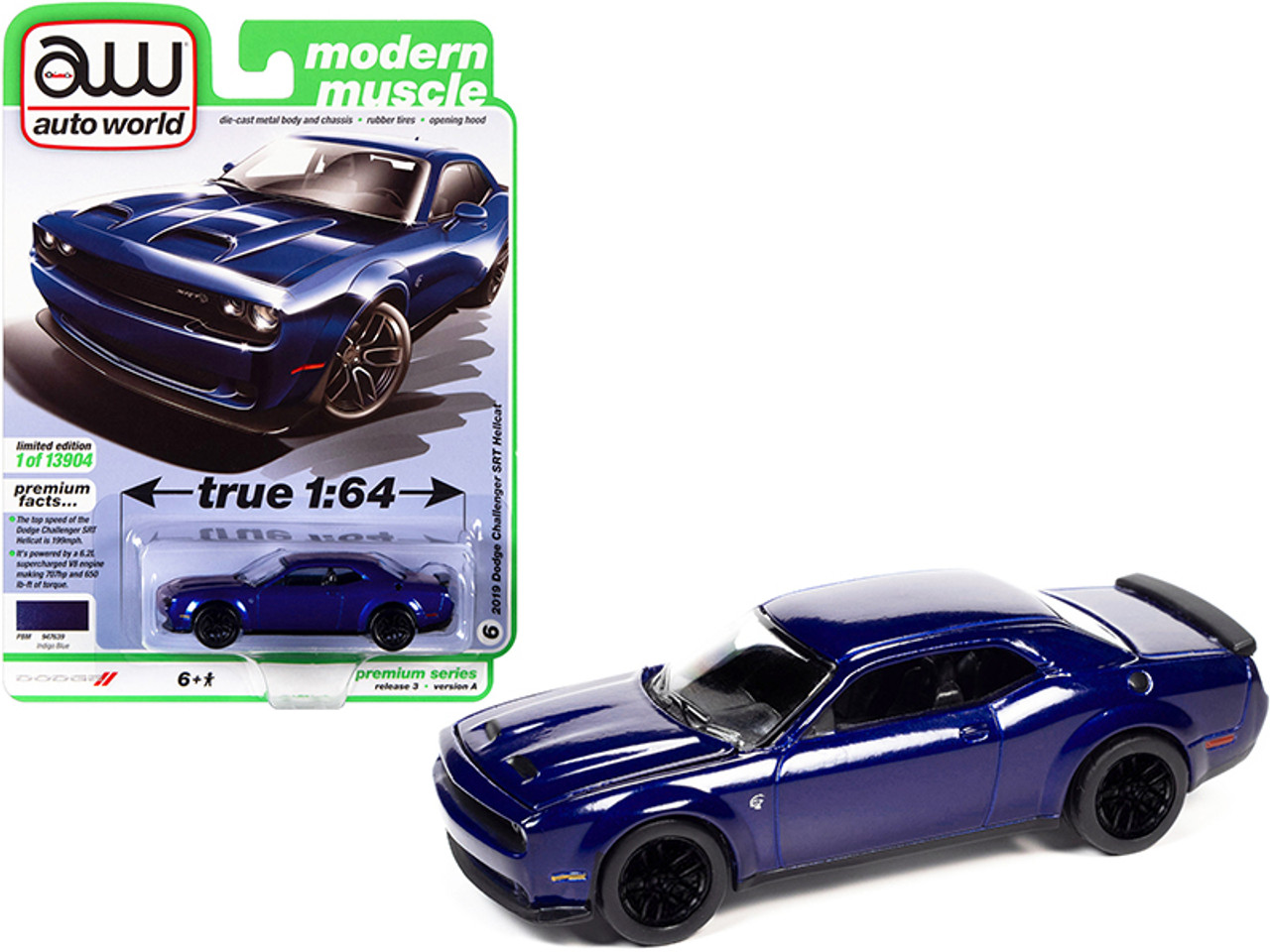 2019 Dodge Challenger SRT Hellcat Indigo Blue Metallic "Modern Muscle" Limited Edition to 13904 pieces Worldwide 1/64 Diecast Model Car by Autoworld