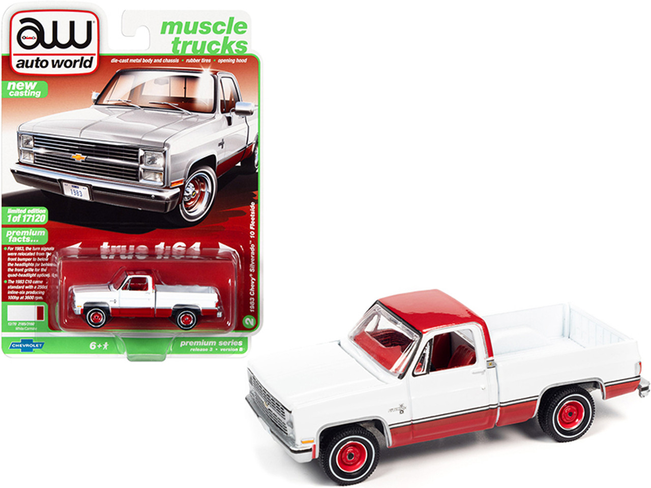 1983 Chevrolet Silverado 10 Fleetside Pickup Truck White and Carmine Red with Red Interior "Muscle Trucks" Limited Edition to 17120 pieces Worldwide 1/64 Diecast Model Car by Autoworld