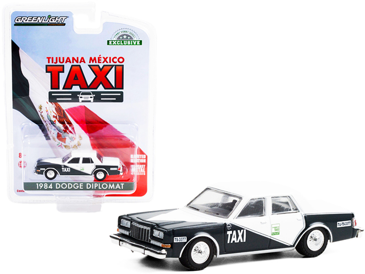1984 Dodge Diplomat White and Dark Gray "Taxi" Tijuana (Mexico) "Hobby Exclusive" 1/64 Diecast Model Car by Greenlight