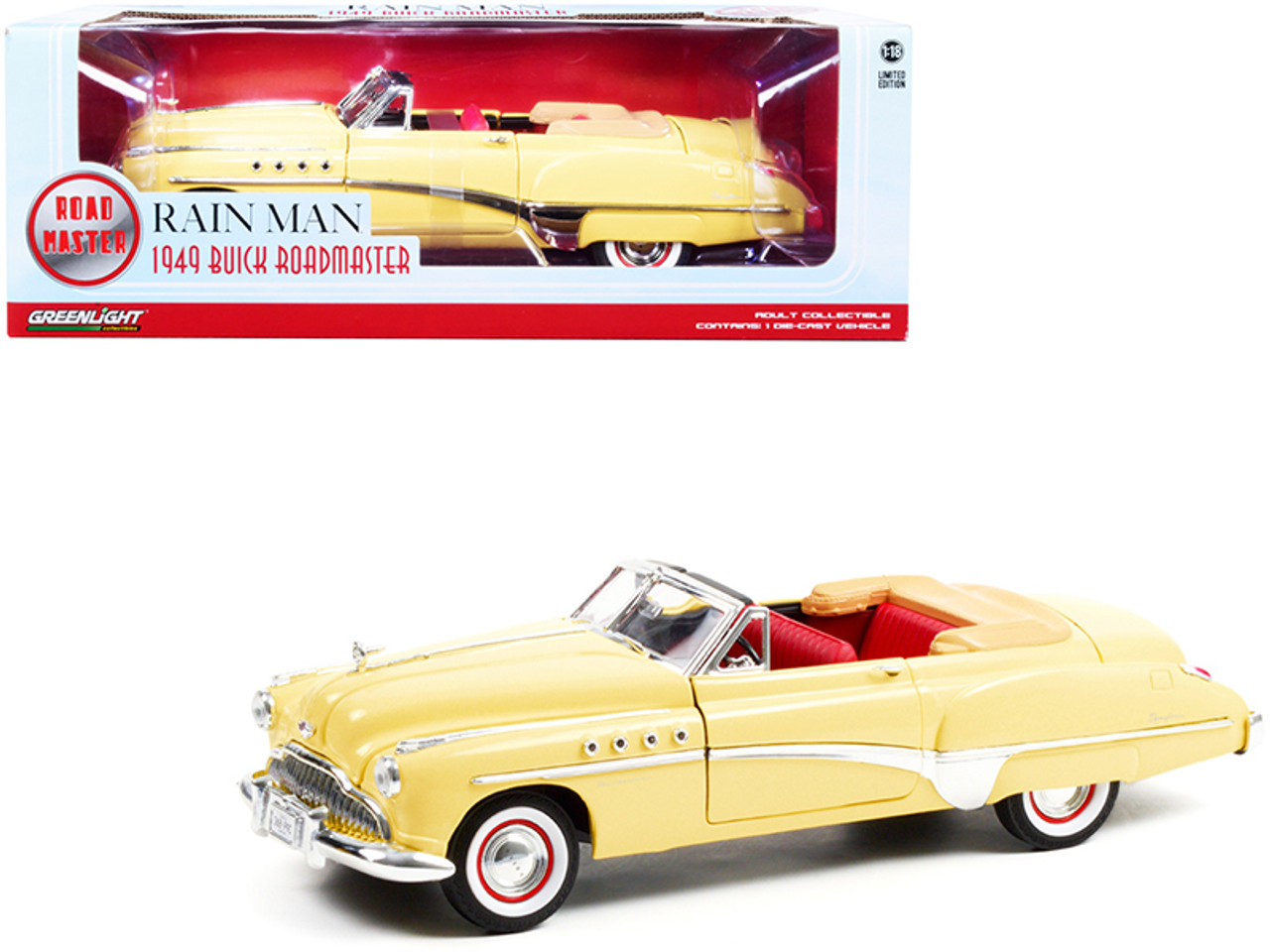 1/18 Greenlight 1949 Buick Roadmaster Convertible (Charlie Babbitt's) Yellow with Red Interior "Rain Man" (1988) Movie Diecast Car Model