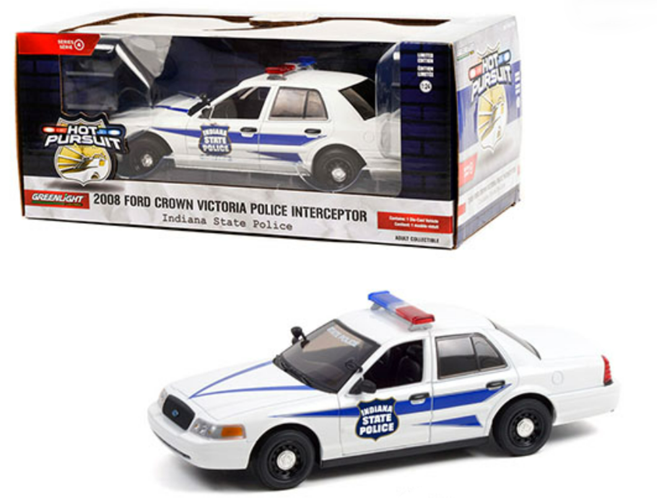 1/24 Greenlight Hot Pursuit 2008 Ford Crown Victoria Police Interceptor Indiana State Police (White) Diecast Car Model