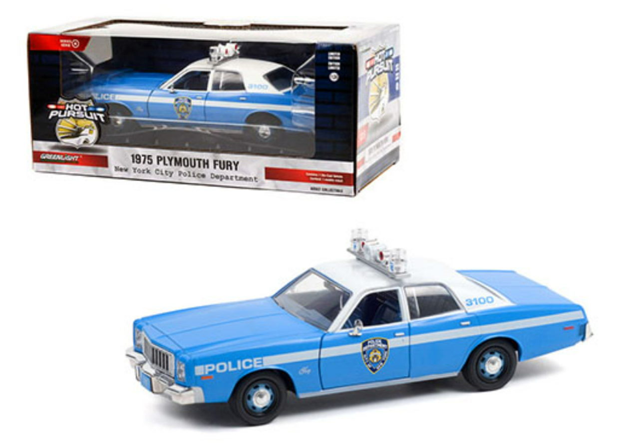 1/24 Greenlight Hot Pursuit 1975 Plymouth Fury New York City Police Department (Blue & White) Diecast Car Model