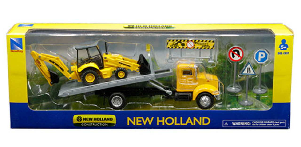 1/43 New Ray New Holland Construction B110C with Peterbilt Roll-Off Truck and Accessories