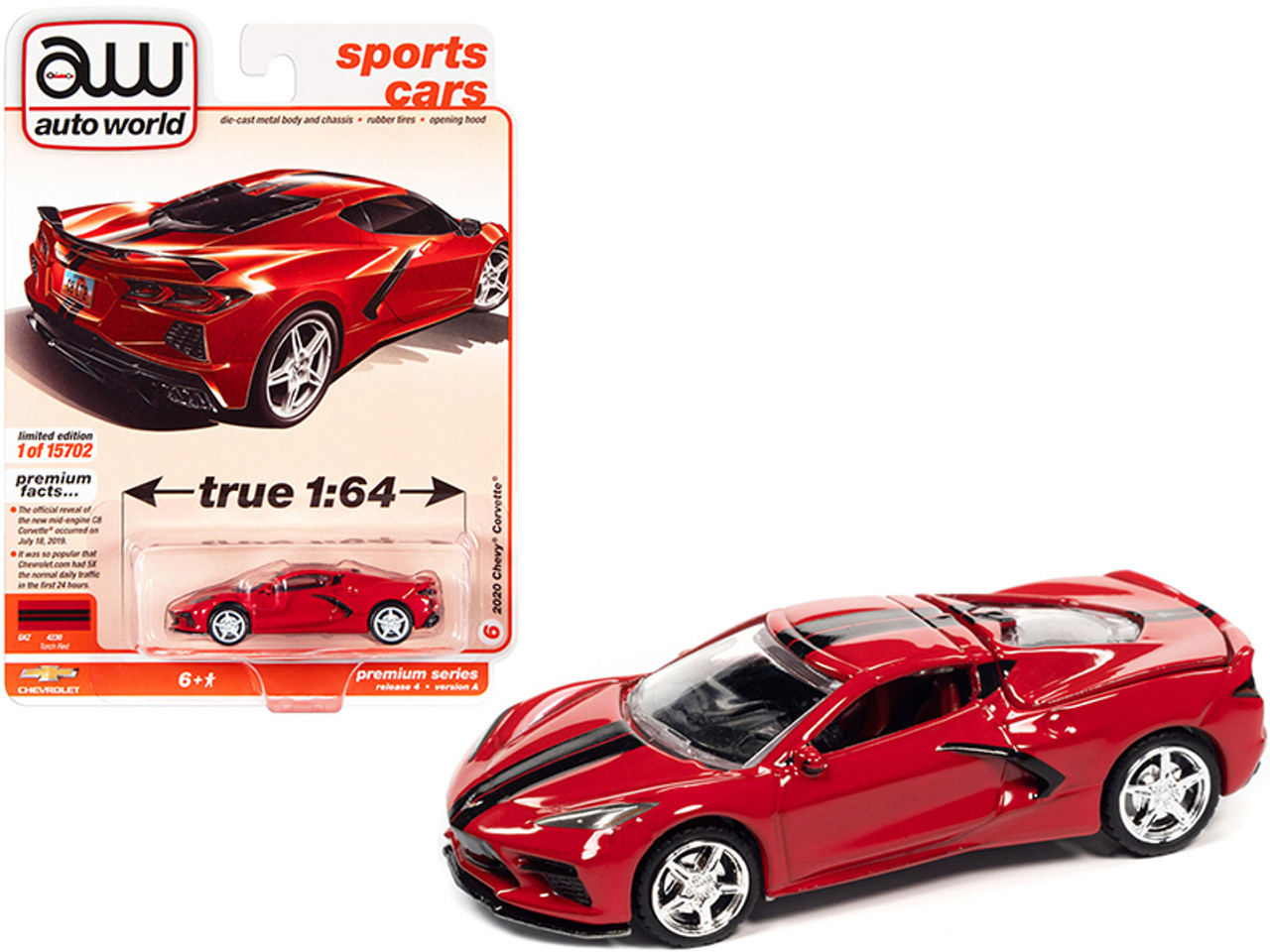 2020 Chevrolet Corvette C8 Stingray Torch Red with Twin Black Stripes "Sports Cars" Limited Edition to 15702 pieces Worldwide 1/64 Diecast Model Car by Autoworld