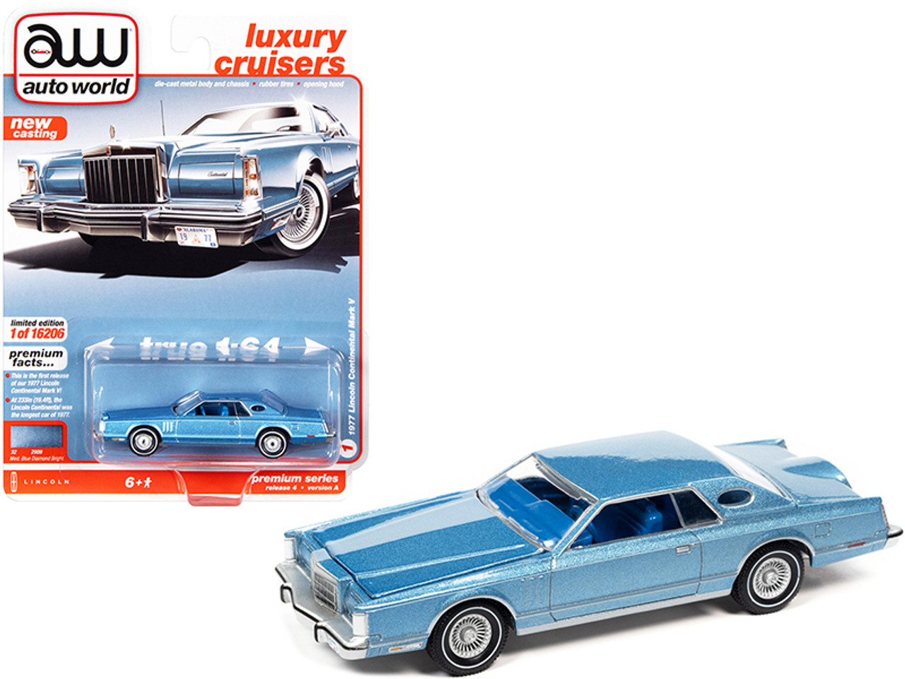 1977 Lincoln Continental Mark V Medium Blue Metallic with Blue Interior "Luxury Cruisers" Limited Edition to 16206 pieces Worldwide 1/64 Diecast Model Car by Autoworld