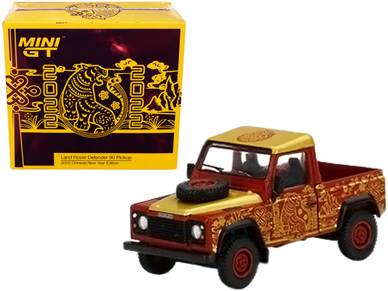 Land Rover Defender 90 Pickup Truck RHD (Right Hand Drive) Red and Gold with Graphics "2022 Chinese New Year Edition" Limited Edition to 8888 pieces Worldwide 1/64 Diecast Model Car by True Scale Miniatures