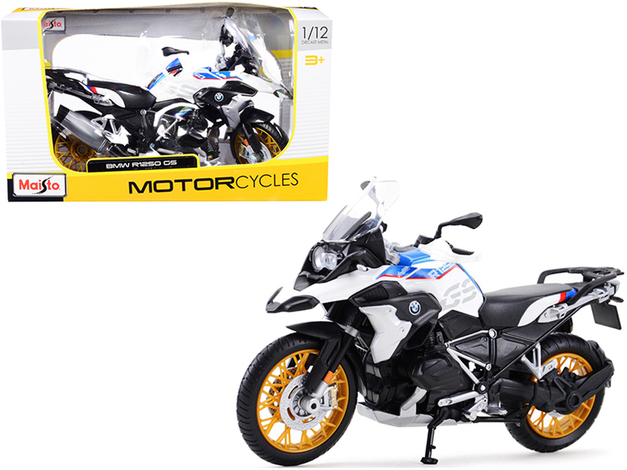 BMW R1250 GS White with Blue and Red Stripes 1/12 Diecast Motorcycle Model  by Maisto