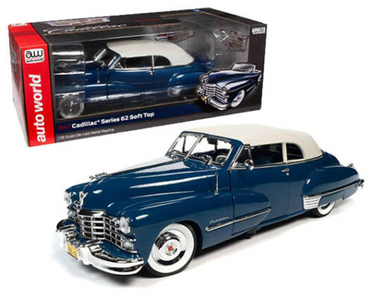 1/18 Auto World 1947 Cadillac Series 62 Soft Top (Beldon Blue with Tan Top) Diecast Car Model
