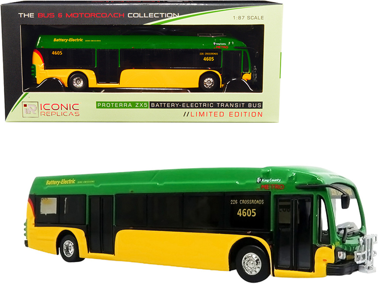 Proterra ZX5 Battery-Electric Transit Bus #226 "Crossroads" Seattle King County (Washington) Green and Yellow "The Bus & Motorcoach Collection" 1/87 (HO) Diecast Model by Iconic Replicas