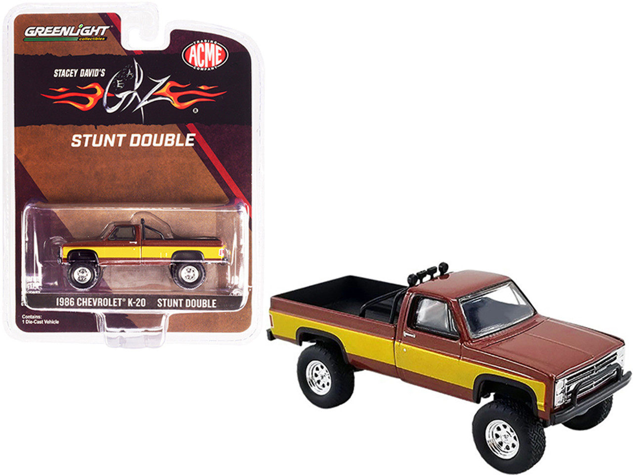1986 Chevrolet K-20 Pickup Truck "Stunt Double" Brown Metallic with Gold Side Stripes (Stacey David's GearZ) Fall Guy Tribute 1/64 Diecast Model Car by Greenlight for ACME