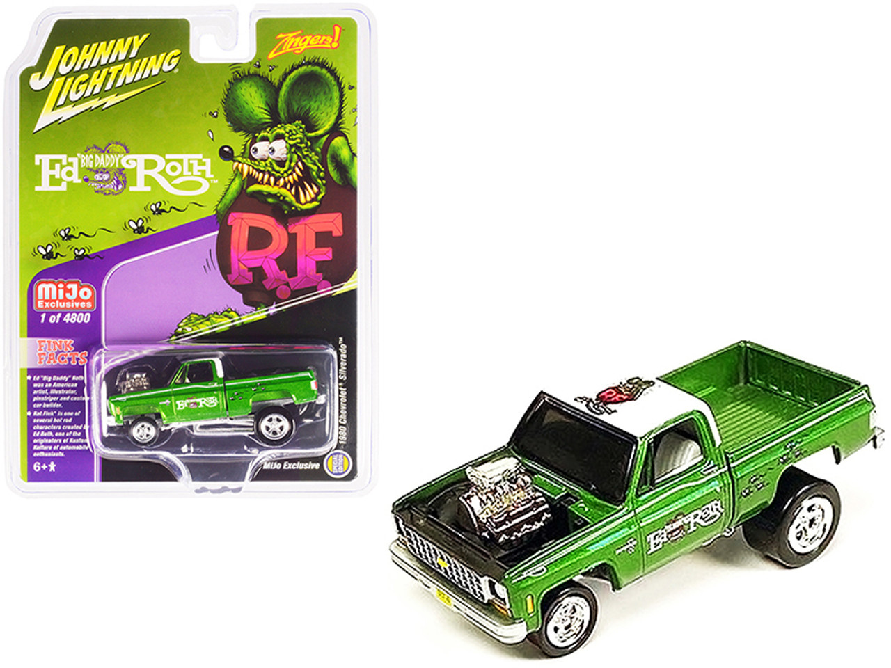 1980 Chevrolet Silverado Pickup Truck Green Metallic with White Top "Rat Fink" "Zingers!" Series Limited Edition to 4800 pieces Worldwide 1/64 Diecast Model Car by Johnny Lightning