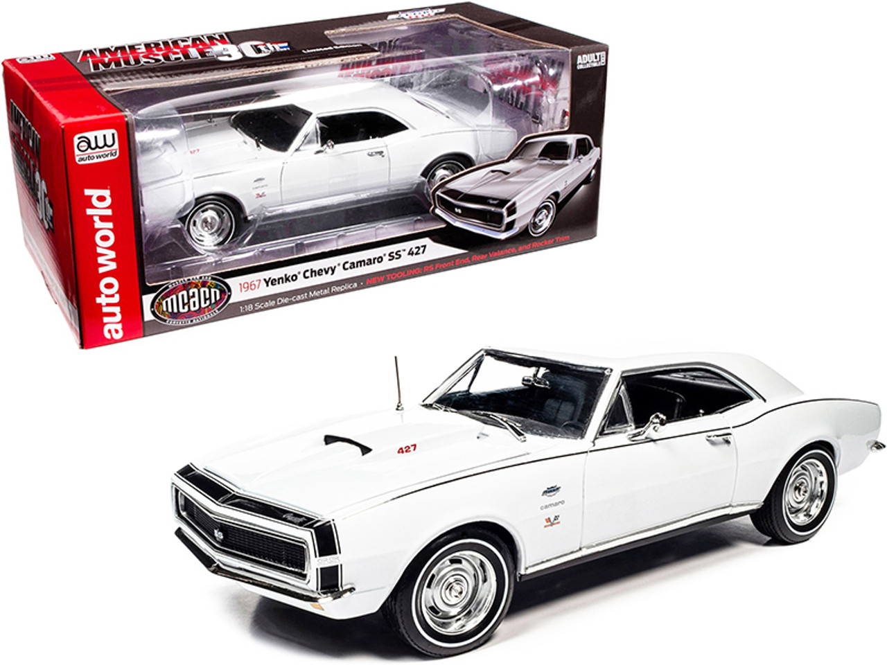 1/18 Auto World 1967 Chevrolet Camaro SS 427 Yenko Hardtop Ermine )White  with Black Nose Stripe) 