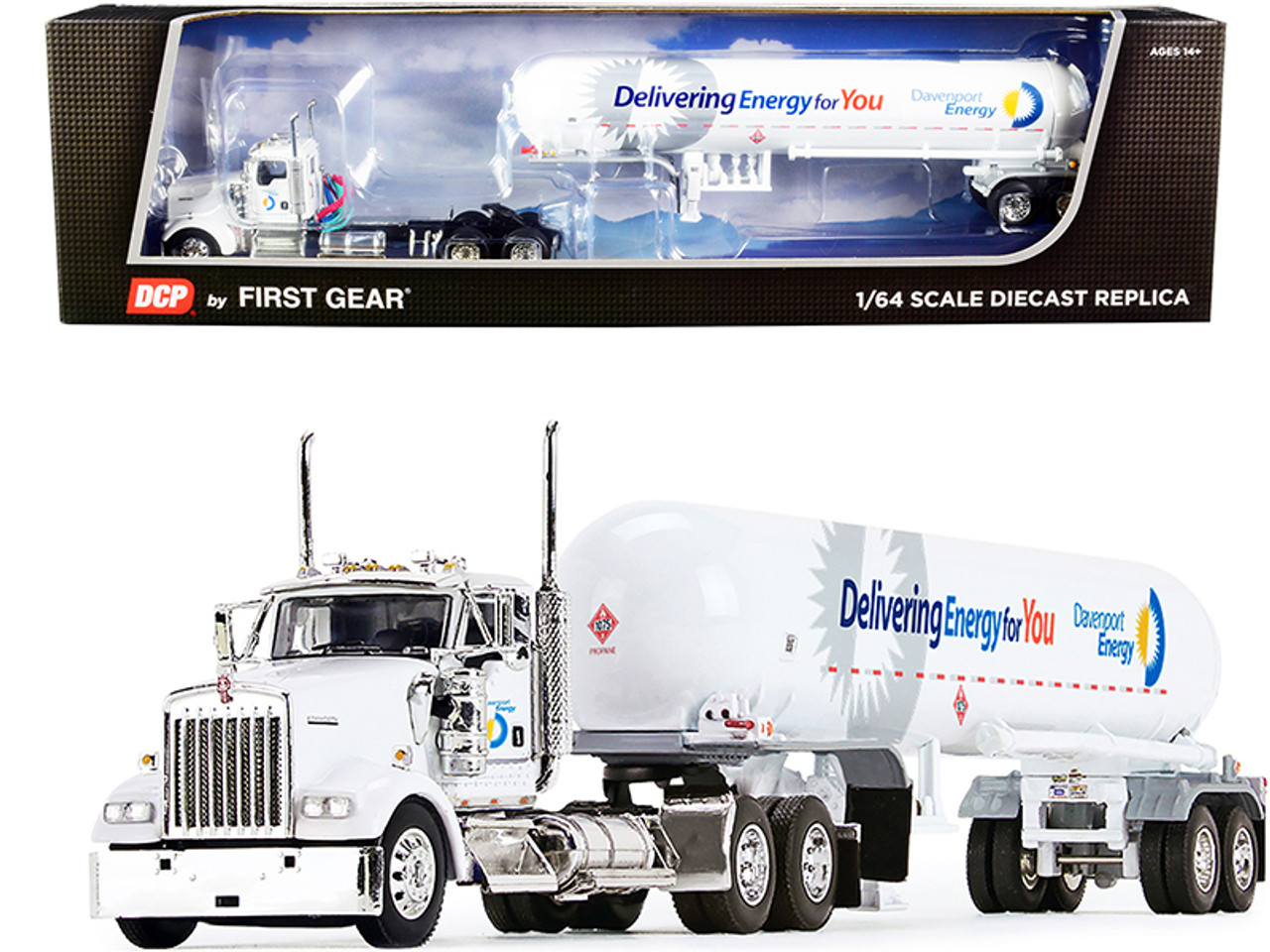 Kenworth W900L Day Cab with Mississippi LPG Tandem Axle Tanker Trailer "Davenport Energy" White 1/64 Diecast Model by DCP/First Gear