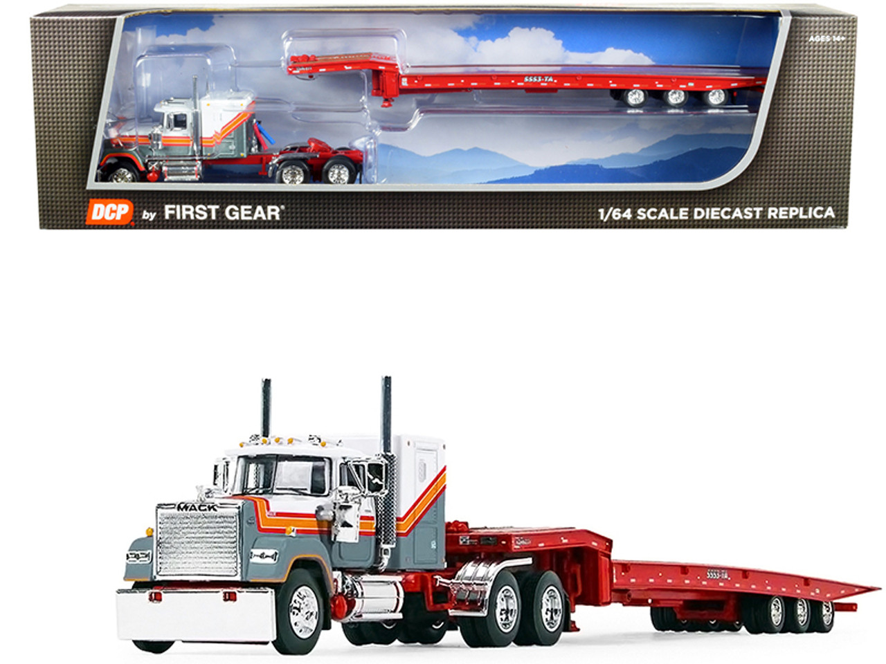 Mack Super-Liner 60" Sleeper Cab Truck with Talbert 5553TA Tri-Axle Trailer White and Gray Metallic and Red 1/64 Diecast Model by DCP/First Gear